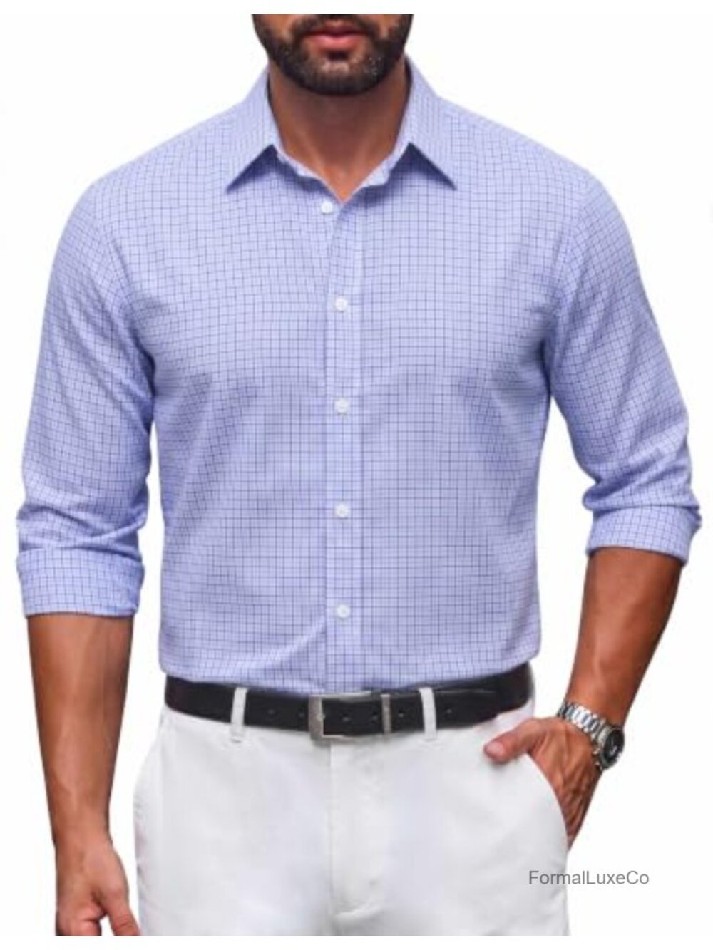 Mens Button Down Long Sleeve Plaid Cotton Blend Wrinkle Free Dress Shirt